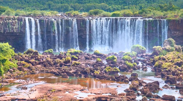 Cataratas del Iguazú en Argentina, vista desde la Boca del Diablo, primer plano de poderosas corrientes de agua creando niebla sobre el río Iguazú. Follaje subtropical en el río Iguasu.