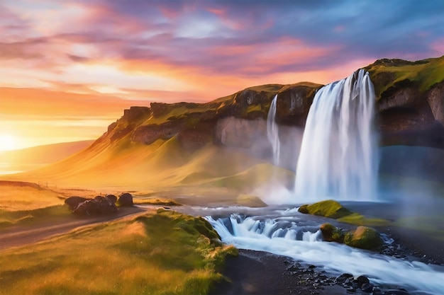 cataratas de Islandia el sol se levanta desde atrás