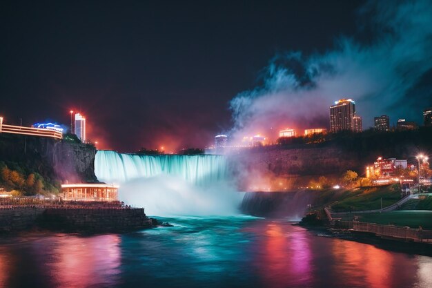 Cataratas del Niágara iluminadas por la noche con luces de colores y fuegos artificiales