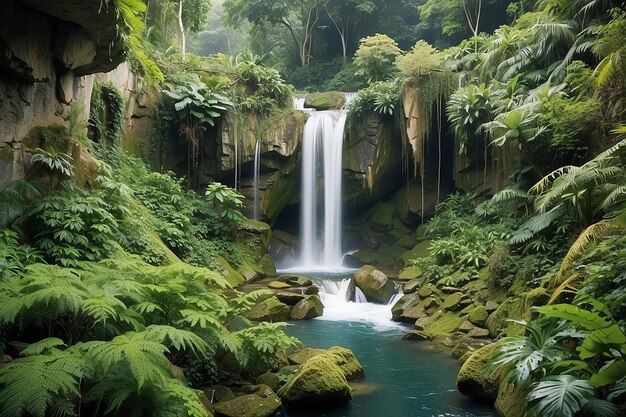 Cataratas y plantas con un rico entorno verde