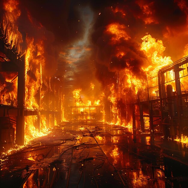 Foto una catástrofe ardiente, intensas llamas consumen el entorno industrial en un caos ardiente.