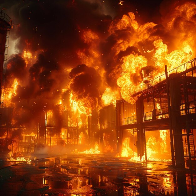 Foto una catástrofe ardiente, intensas llamas consumen el entorno industrial en un caos ardiente.