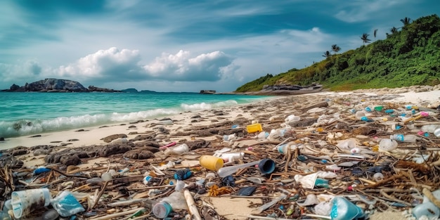 Foto catástrofe de danos ecológicos gerados por ai gerada por ai muito lixo plástico na praia