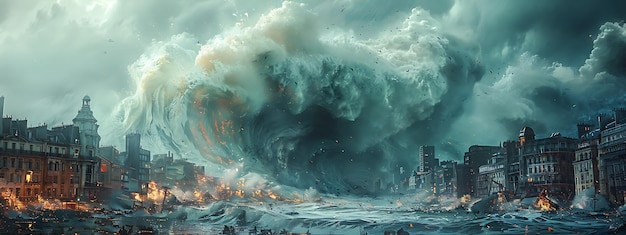 Las catastróficas olas de tsunami oceánico que envolven las ciudades costeras muestran el poder destructivo de la naturaleza
