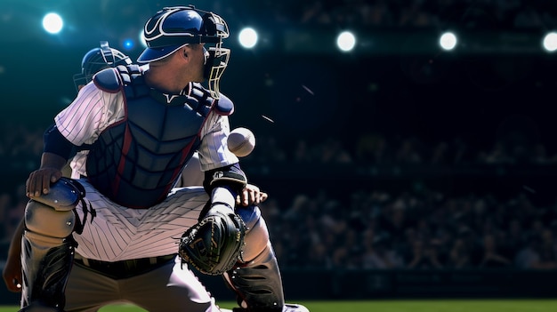 Foto catcher pasando la pelota retrato general de un jugador de béisbol en un concepto de estandarte de partido para publicidad