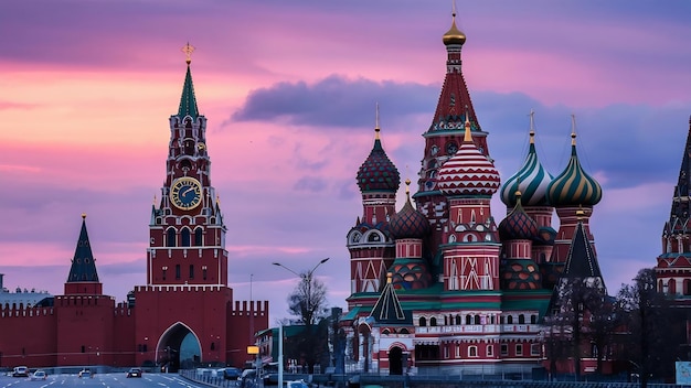 Foto catedral de são basílio e torre do relógio do kremlin na praça vermelha, em moscou, rússia