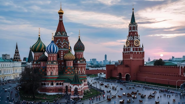 Foto catedral de são basílio e torre do relógio do kremlin na praça vermelha, em moscou, rússia