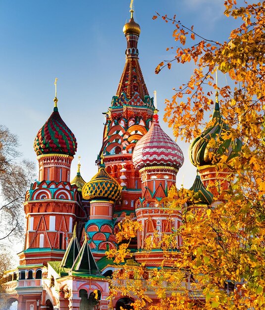 Catedral de São Basílio na Praça Vermelha em Moscou no quadro de folhas amarelas de outono nas árvores