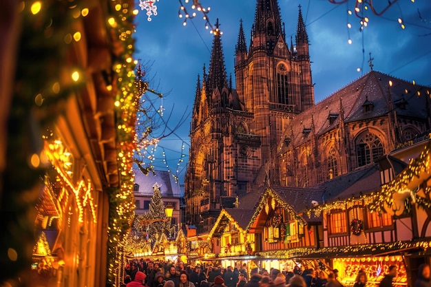 Foto la catedral de estrasburgo adornada con festivos adornos y luces navideñas