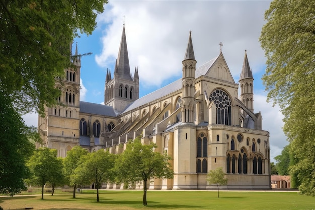 Catedral medieval con grandes arcos y agujas altísimas rodeada de exuberante vegetación