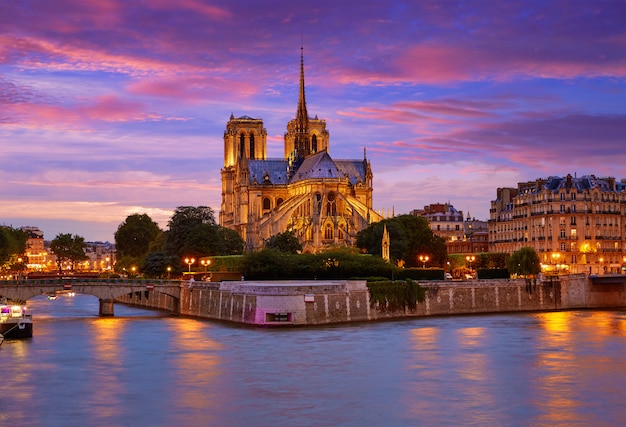 Catedral de Notre Dame, puesta de sol de París en el Sena