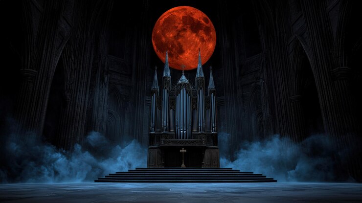 Catedral oscura con una luna llena roja y una atmósfera mística