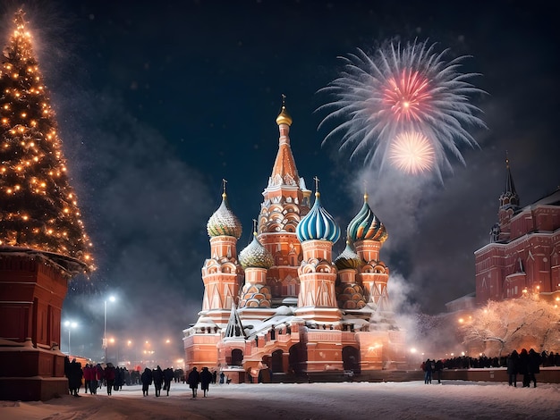 Catedral de San Basilio con fuegos artificiales en la celebración nocturna del año nuevo