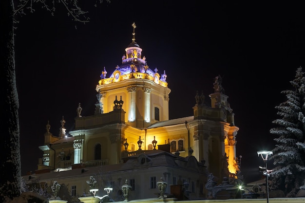 Catedral de St George del invierno de la noche en Lviv Ucrania
