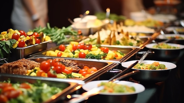 Catering buffet comida interior em restaurante com carne frutas coloridas legumes e refeições