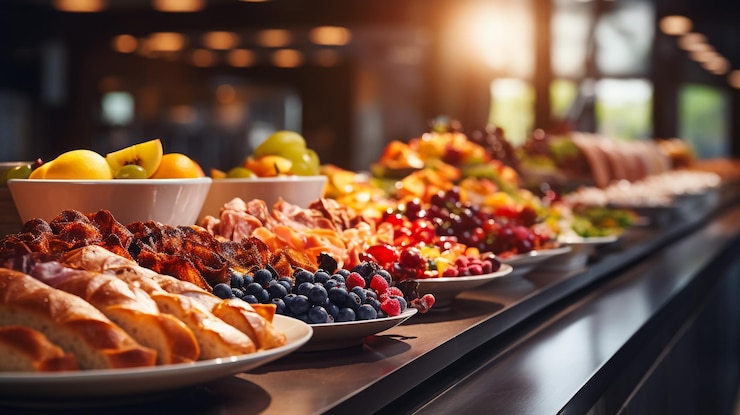 Foto catering buffet-essen gericht mit fleisch und buntem gemüse auf dem tisch