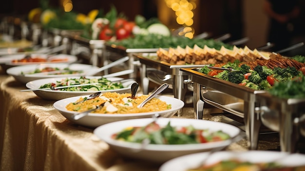 Catering-Buffet-Essen im Inneren eines Restaurants mit Fleisch, buntem Obst, Gemüse und Mahlzeiten