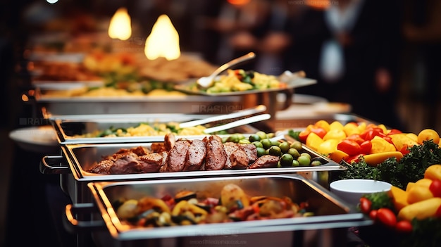 Catering-Buffet-Essen im Inneren eines Restaurants mit Fleisch, buntem Obst, Gemüse und Mahlzeiten