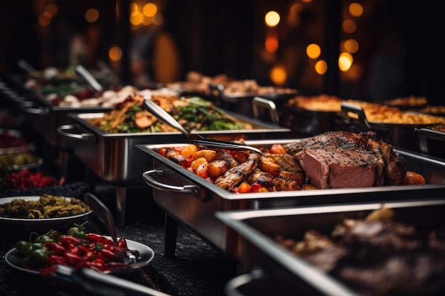 Catering comida buffet interior en restaurante con carne a la brasa