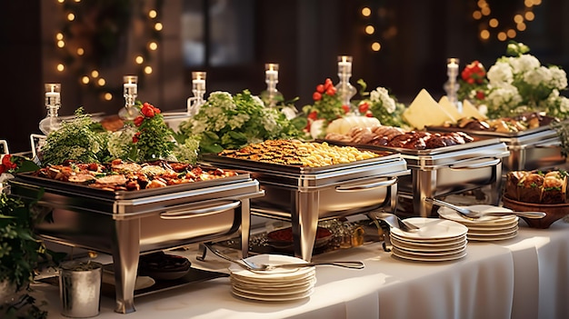 Catering comida buffet en el interior del restaurante con carne frutas coloridas verduras y comidas