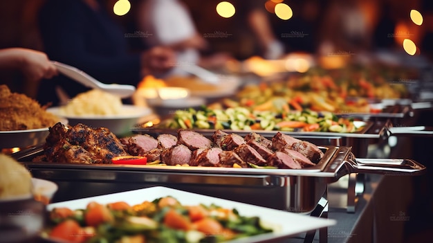 Catering comida buffet en el interior del restaurante con carne frutas coloridas verduras y comidas