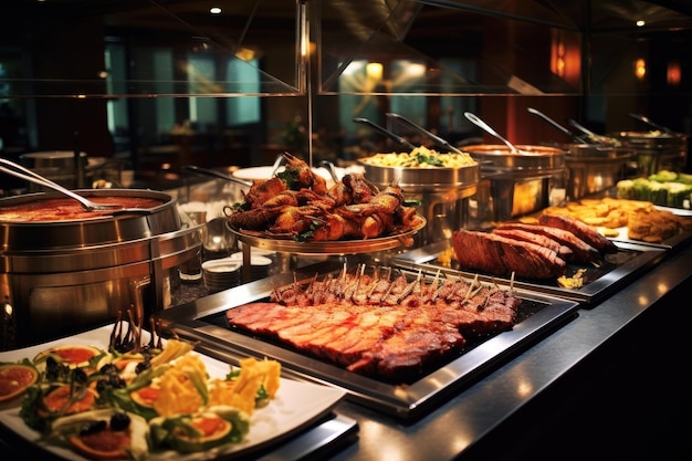 Catering comida buffet interior en restaurante con carne a la parrilla