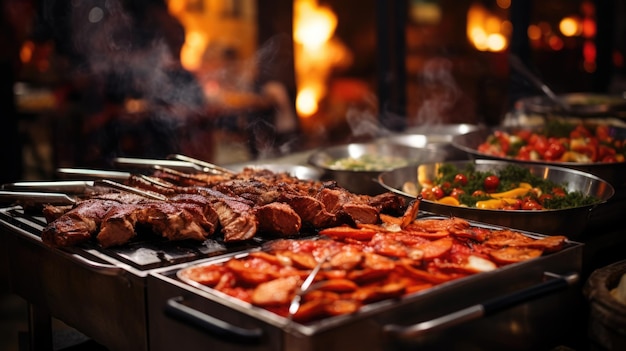 Catering comida buffet interior en restaurante con carne a la parrilla