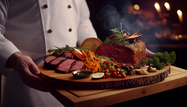 Catering profissional Foto recortada do chef segurando um prato de madeira