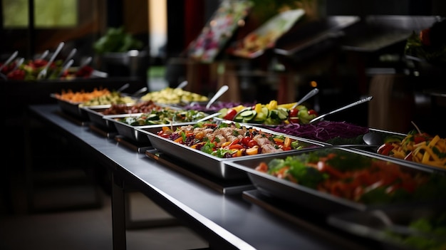 Catering refeições buffet no restaurante com saladas de carne e legumes vários pratos deliciosos no hotel