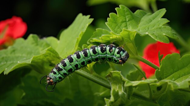 Foto caterpillar em flor rosa com folhas verdes natures coesão colorida