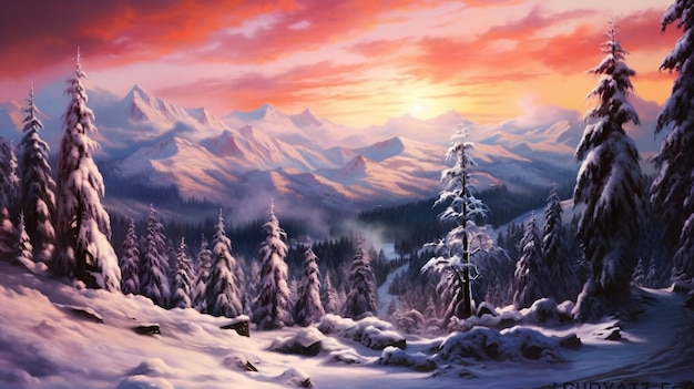 Cativante cenário de montanhas nevadas majestosas do País das Maravilhas do Inverno com IA geradora de pôr do sol hipnotizante