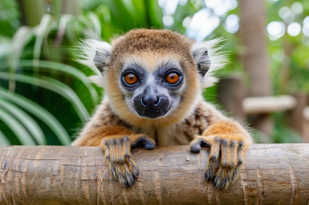 Cativante close de um lêmur castanho com olhos laranjas penetrantes empoleirado em cima de uma viga de madeira em um