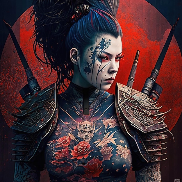 Cativante Cyberpunk Mulher japonesa adornada com traje Yakuza completo Tatuagem com uma Espada Samurai contra um céu vermelho vibrante com influências da cultura tradicional Geisha