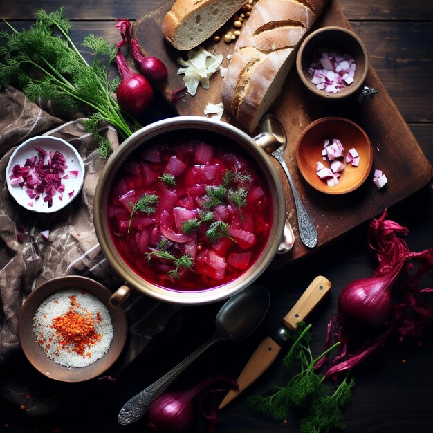 Foto cativante dança vibrante de pour borscht do jarro à tigela