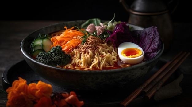 Foto cativante e saborosa tigela de ramen com cores ricas e profundas culinária japonesa