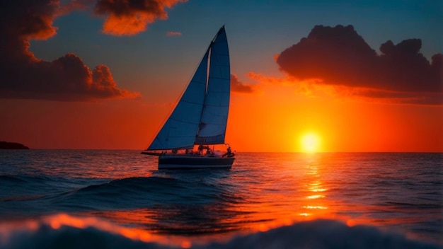 Cativante pôr do sol no oceano com veleiro em resolução 8K