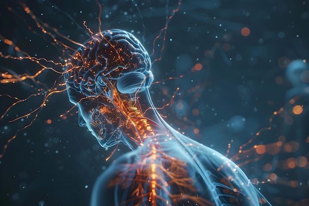 Cativante visualização 3D do intrincado sistema nervoso humano com elétrica dinâmica semelhante ao néon