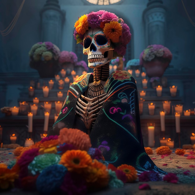 Catrina colorida enfeitando um altar tradicional do Dia dos Mortos Generative AI