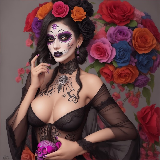 La catrina dia de los muertos mujer con maquillaje de calavera de azúcar Halloween