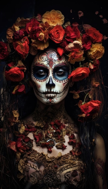 Catrina con flores rojas y vestido tradicional