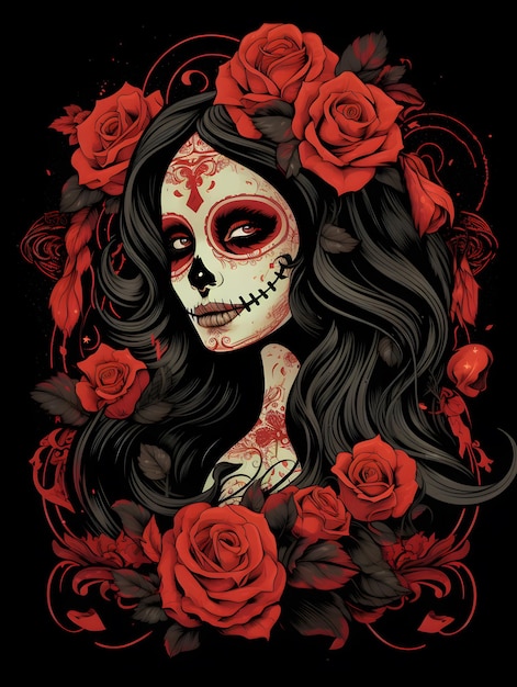 la catrina con rosas con un diseño minimalista inspirado en un tatuaje belleza del punk celestial