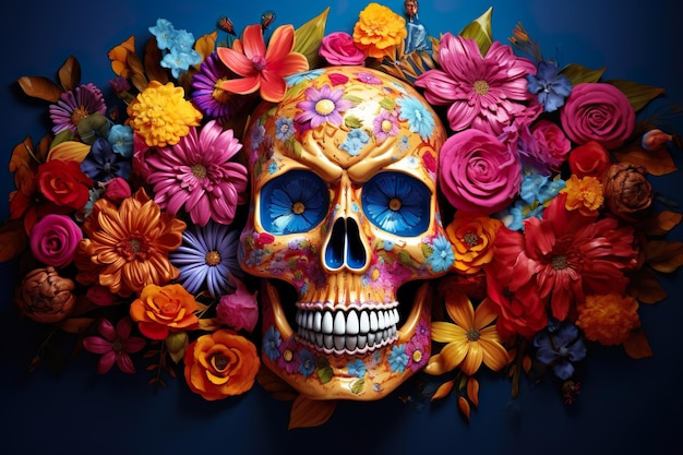 Catrina-Schädel in Blumen für den mexikanischen Tag der Toten Generative KI