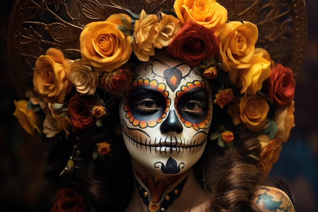 Catrina con sombrero de flores y maquillaje