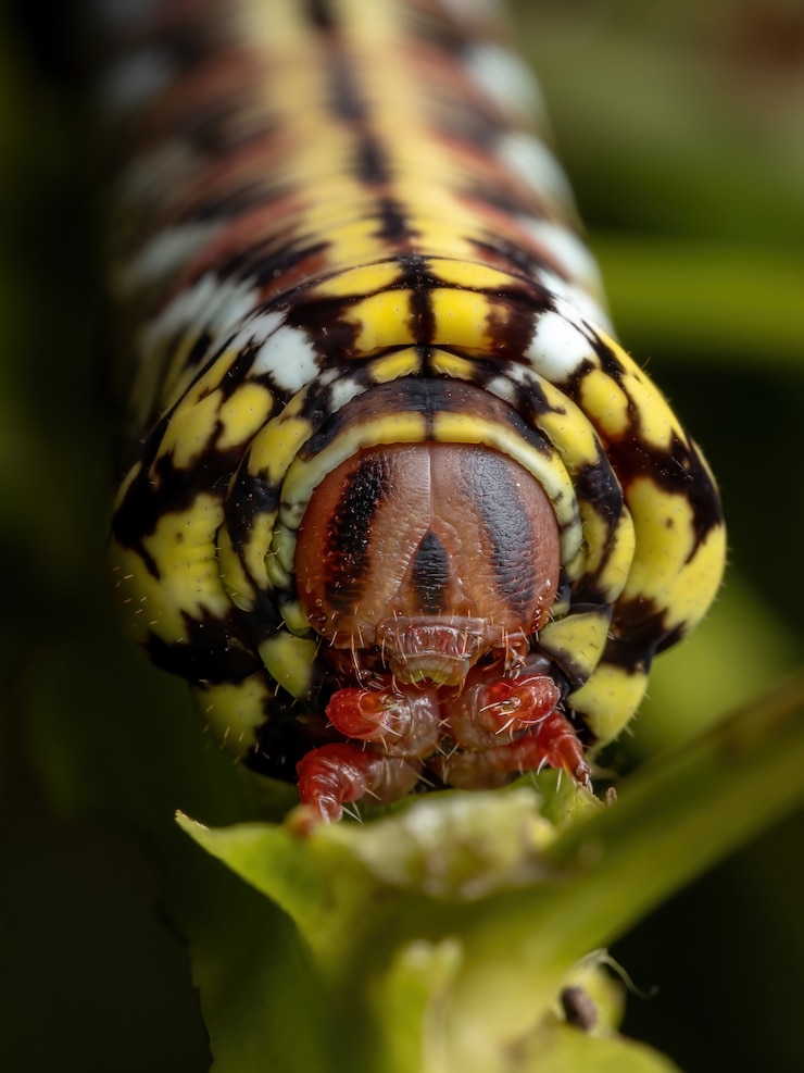 Foto catterpillar of banded sphinx moth da espécie eumorpha fasciatus comendo uma planta