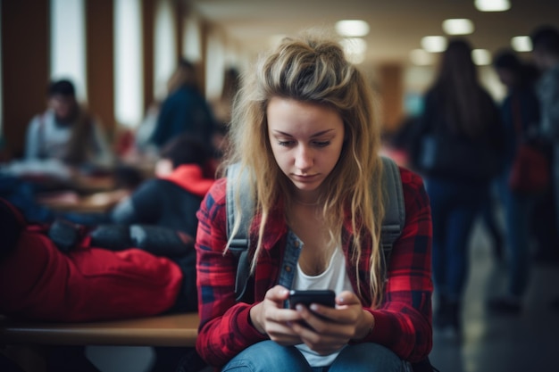 Caucasiana gen z estudante garota gadget internet mídia social viciada mulher adolescente aluno telefone móvel