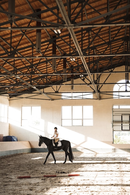 caucasiana jovem loira linda mulher usando chapéu com cavalo na zona rural em curral na área de treinamento.