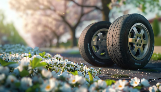 El caucho de verano decora la carretera se calienta en la primavera en flor se puede usar para la publicidad