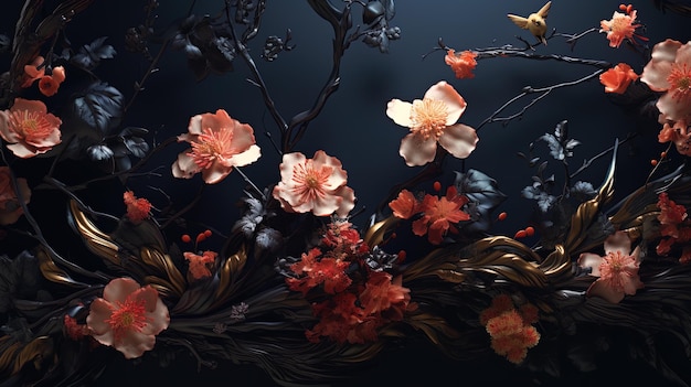 caules, folhas e flores florescendo em um fundo escuro gerado pela IA