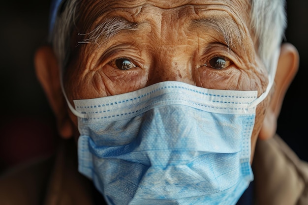 El cauteloso anciano asiático con la cara de máscara médica genera IA