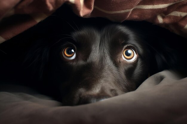 Cauteloso perro canino escondido debajo de la cama IA generativa